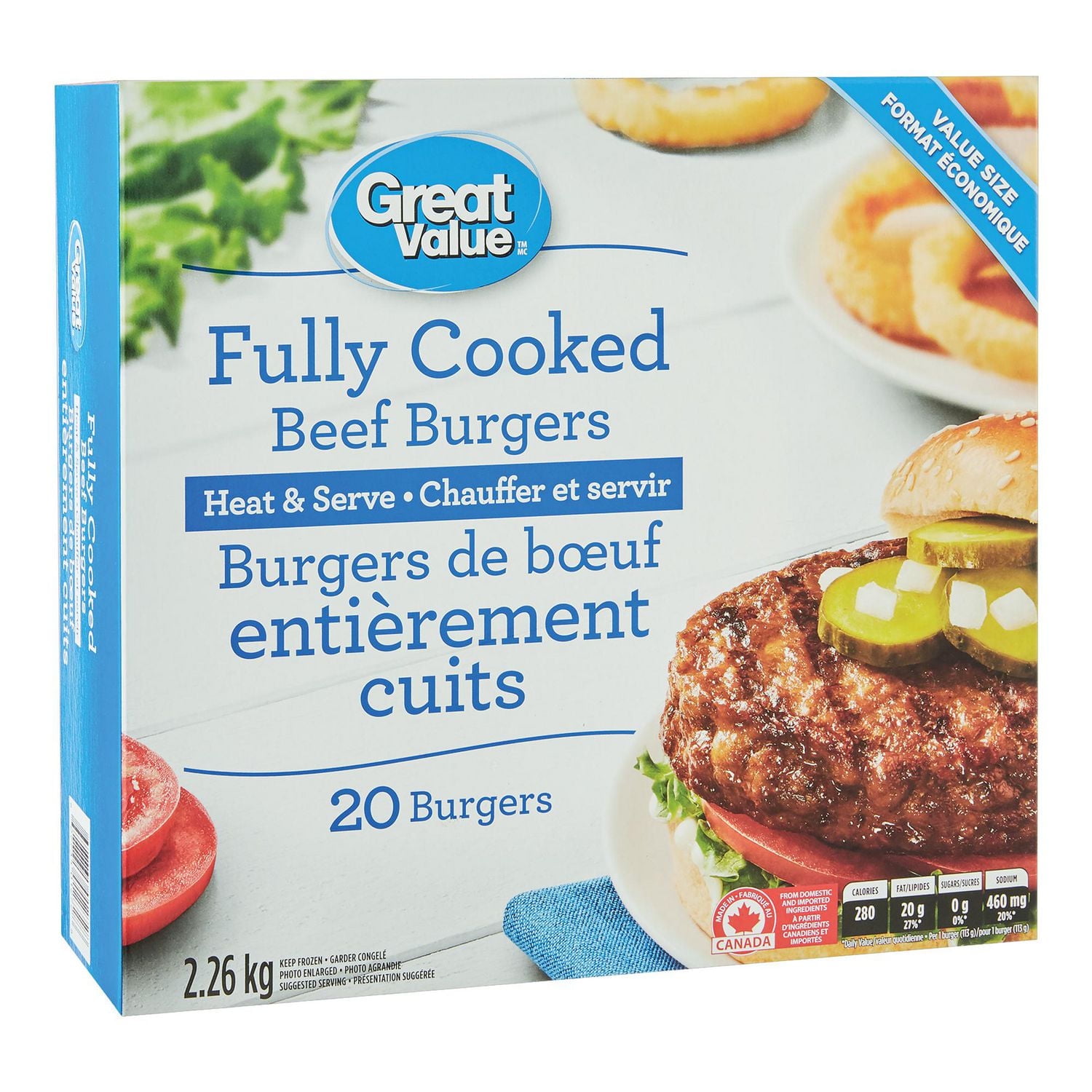 Great Value Frozen Fully Cooked Beef Burgers, 2.26 k