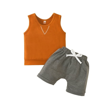 

Canrulo Infant Baby Boys Summer Clothes Sleeveless T-Shirt Tank Tops Vest+Solid Shorts Clothes Brown Gray 6-12 Months