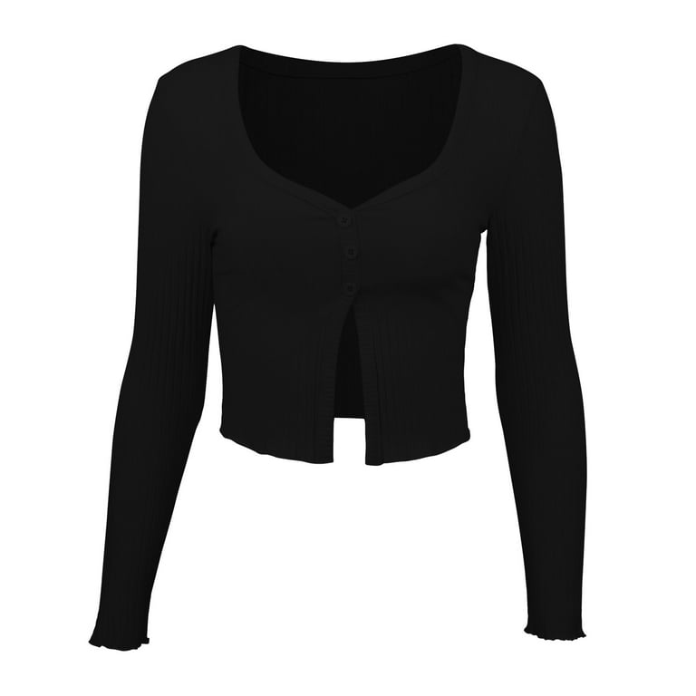YYDGH Women's Button Front V Neck Long Sleeve Slit Hem Crop Top Solid Color  Ribbed Knit T-Shirt Black S 