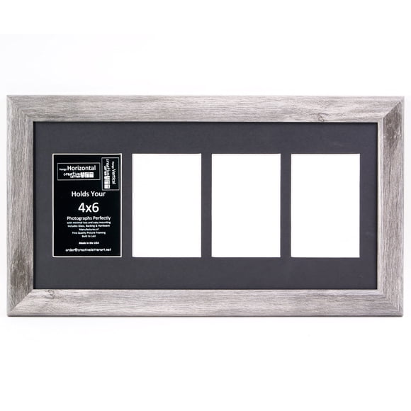 Creative Letter Art 4 x 6 Multiple Opening Picture Frame Collage with 4 holes Hamptons Driftwood Grey Frame with 10 x 20-inch Black Mat Full-Strength Glass Photo Collage for Wall 4 Openings