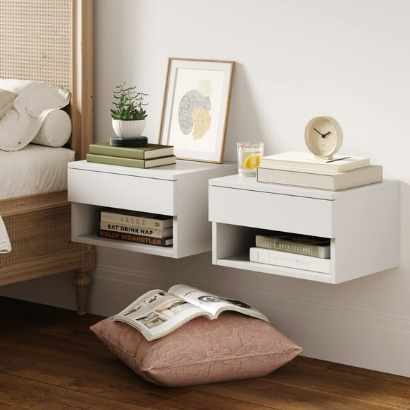 Nathan James Jackson Modern Floating Bedside Nightstand with Drawer Set of 2 White - Set of 2