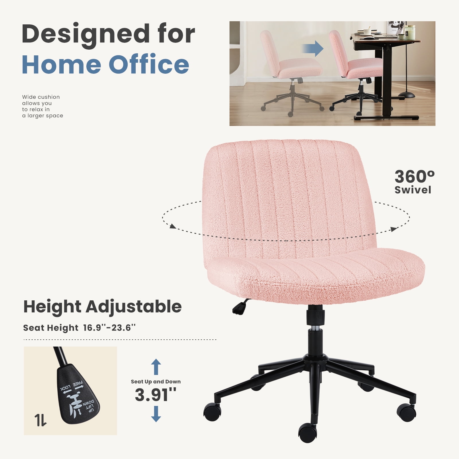 EDX Armless Office Chair Criss Cross Legged Chair with Wheels, Comfy Home Dressing Chairs, Pink
