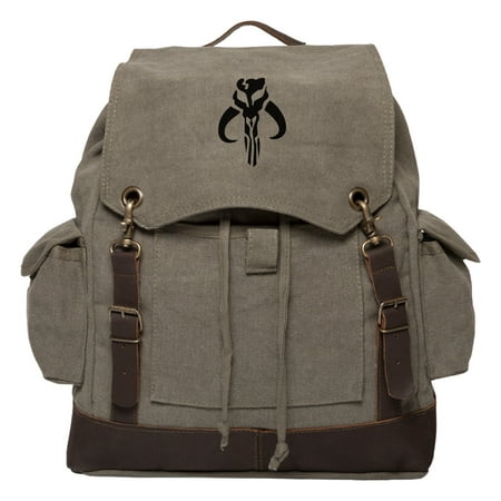 Star Wars Mandalorian Skull Boba Fett Canvas Rucksack Backpack w/ Leather Straps