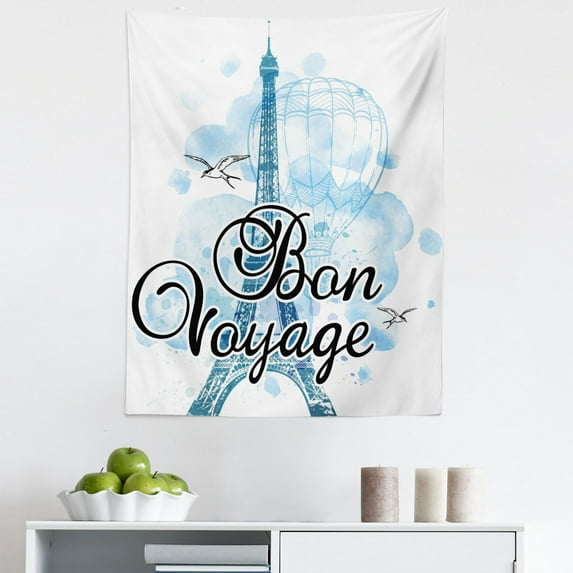 Eiffel Tower Tapestry, Eiffel Tower Air Balloon Watercolor Bon Voyage Bird Journey, Fabric Wall Hanging Decor for Bedroom Living Room Dorm, 5 Sizes, Pale Blue Black Blue, by Ambesonne