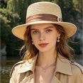 thumbnail image 3 of Fewfanhot Women Wide Brim Straw Boater Hat UPF Sun Protection Foldable Beach Fedora with Rhinestone Buckle Ribbon, 3 of 9
