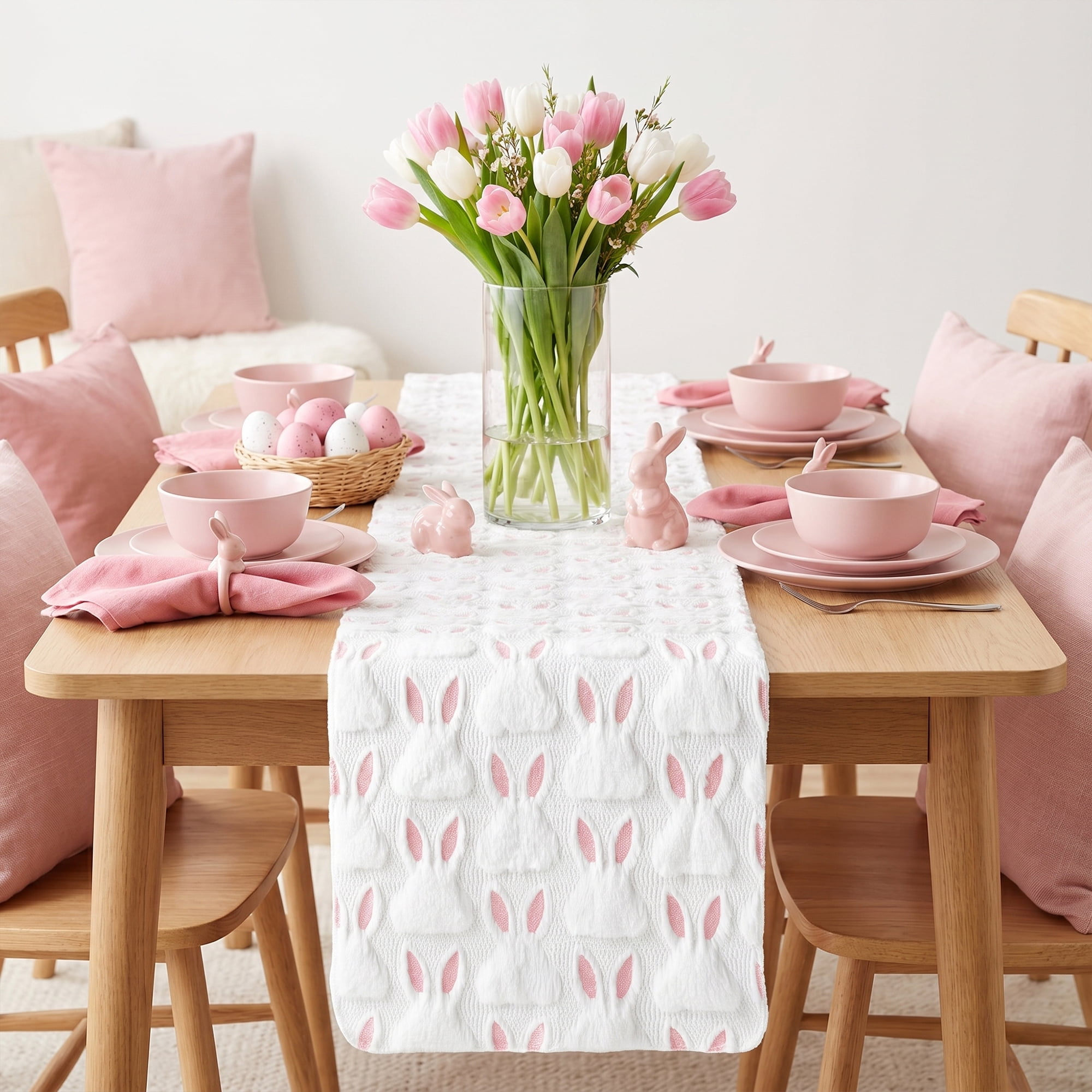 Unique Bargains Rabbit Kitchen Runner Table Runner for Decorations Pink 13"x72"