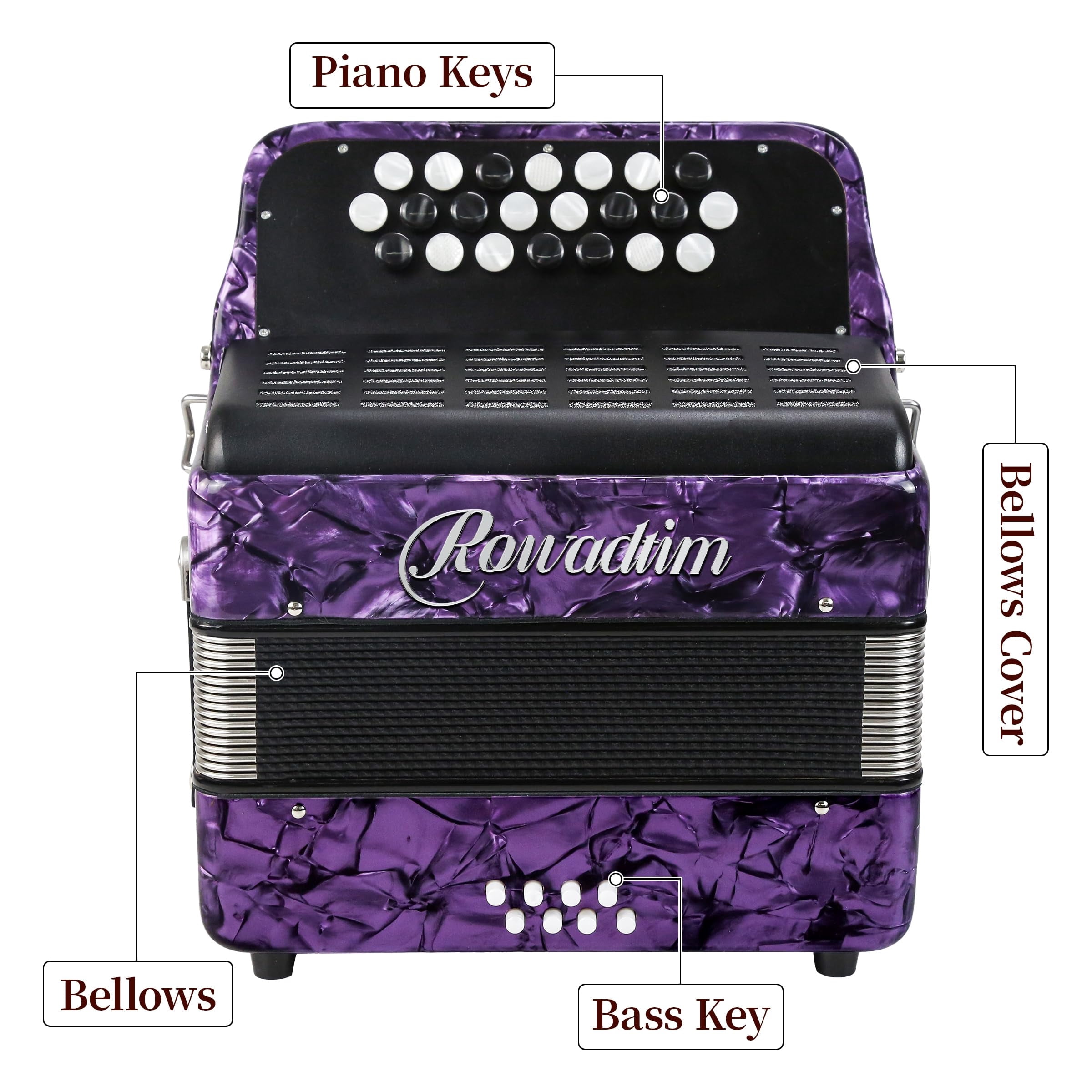 Rowadtim 22 Keys Accordion, 8 Bass Student Piano Accordions Suitable for Beginners and Students; Lightweight and Portable, with  Backpack and Adjustable Straps ( Purple)