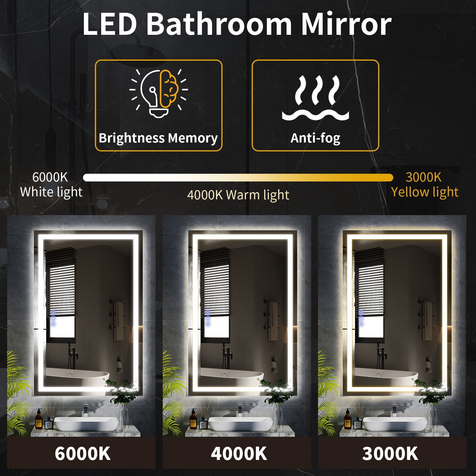 Easy4Home 30"x60" LED Bathroom Mirror Wall Mounted Anti-Fog Vanity Mirror with Adjustable Lights, White