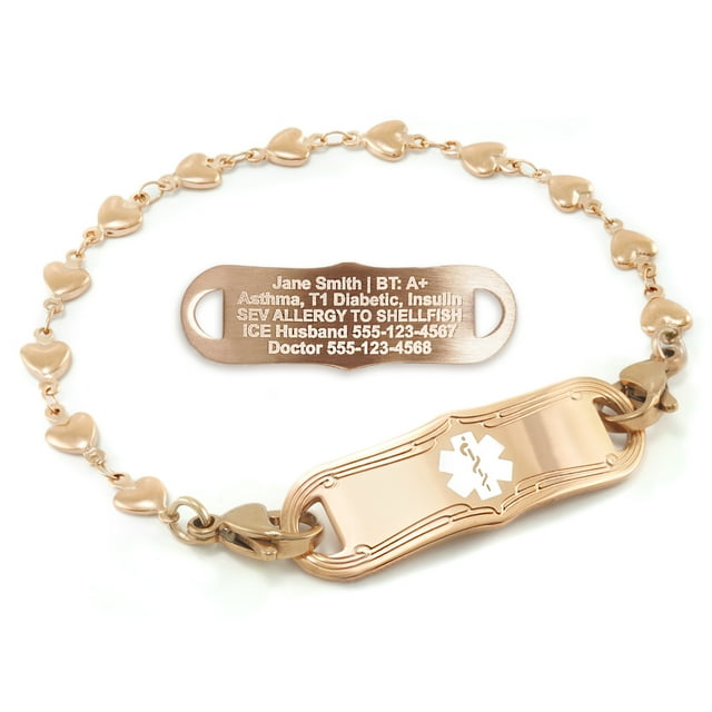 MedicEngraved Rose Gold Stainless Steel Custom Medical Alert Bracelet - 5mm Heart Link