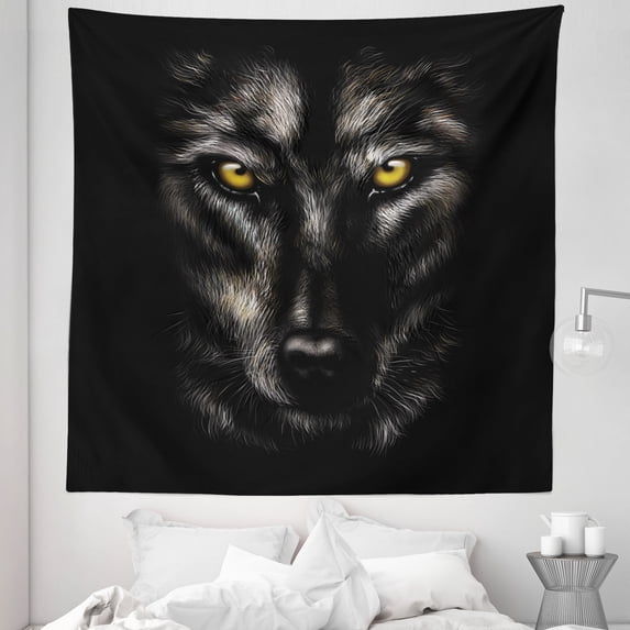 Animal Tapestry, Vicious Wolf with Eyes Predator Close Up Face Werewolf Scary Illustration, Fabric Wall Hanging Decor for Bedroom Living Room Dorm, 5 Sizes, Black Pearl Dark Grey, by Ambesonne