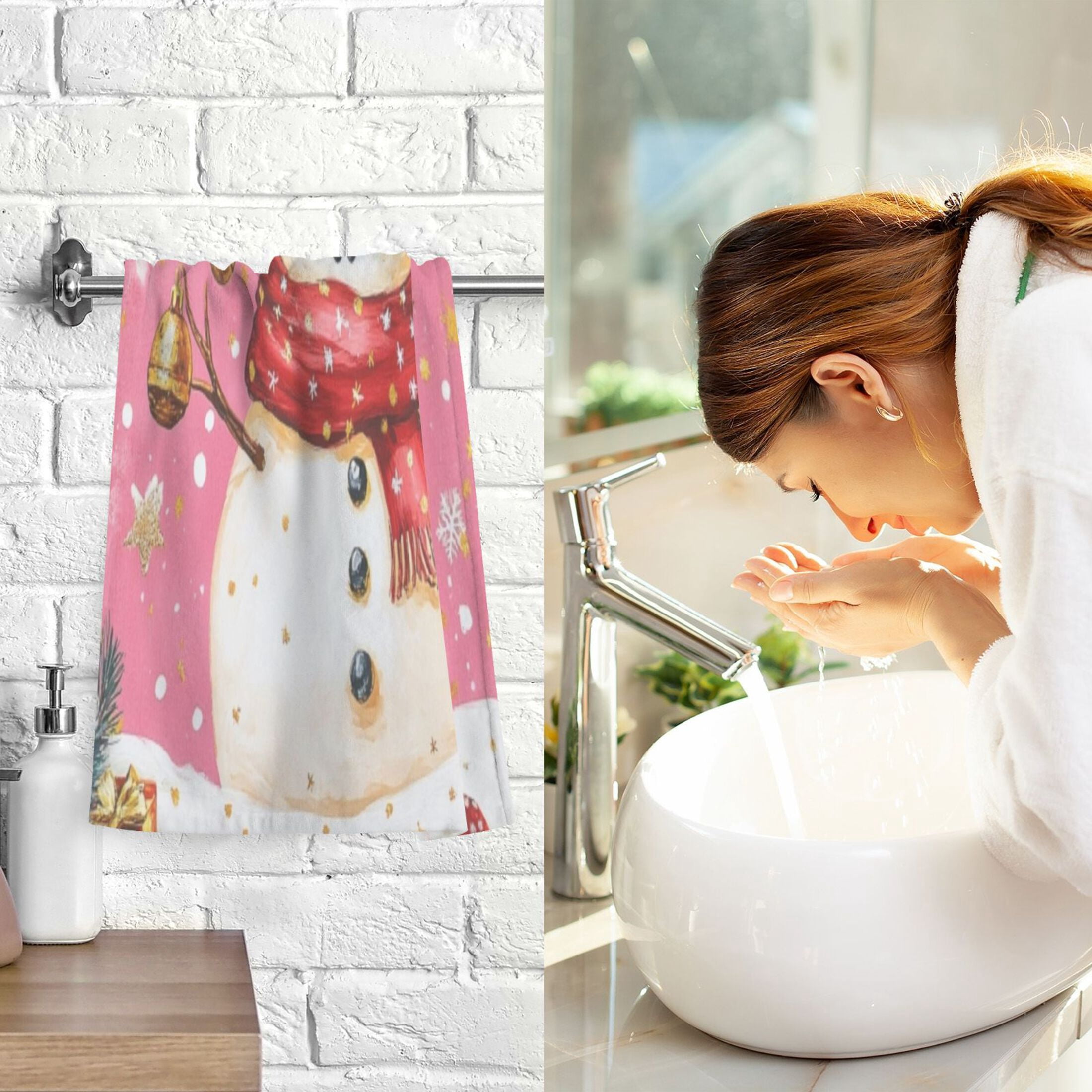 Cotton Towel Two-Piece 16x28 Inch One Sizex2 Face Towel Set Towel Set Cotton Hand Bath Towel Bathroom Beach Pink Christmas Lovely Snowman
