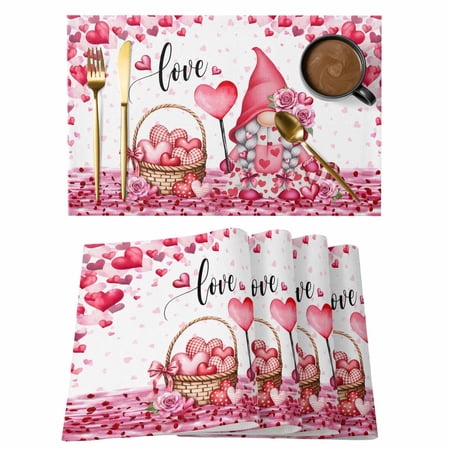 Valentine s Day Placemats Set of 6 Cute Gnome Romantic Gradient Pink Love Heart in Basket Roses Non-Slip Place Mats Washable Table Mats for Kitchen Dining Table Decorations Indoor/Outdoor