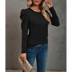 thumbnail image 4 of Women Puff Sleeve Shirts Pure Color Round Neck Waffle Knit Top Elegant Casual Long Sleeves T Shirt Black M, 4 of 4