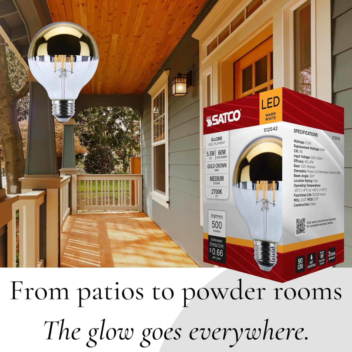 Satco S12542 G25 LED Gold Crown Globe Light Bulbs 5.5W 120V 2700K E26 Medium Base Dimmable (6 Pack)
