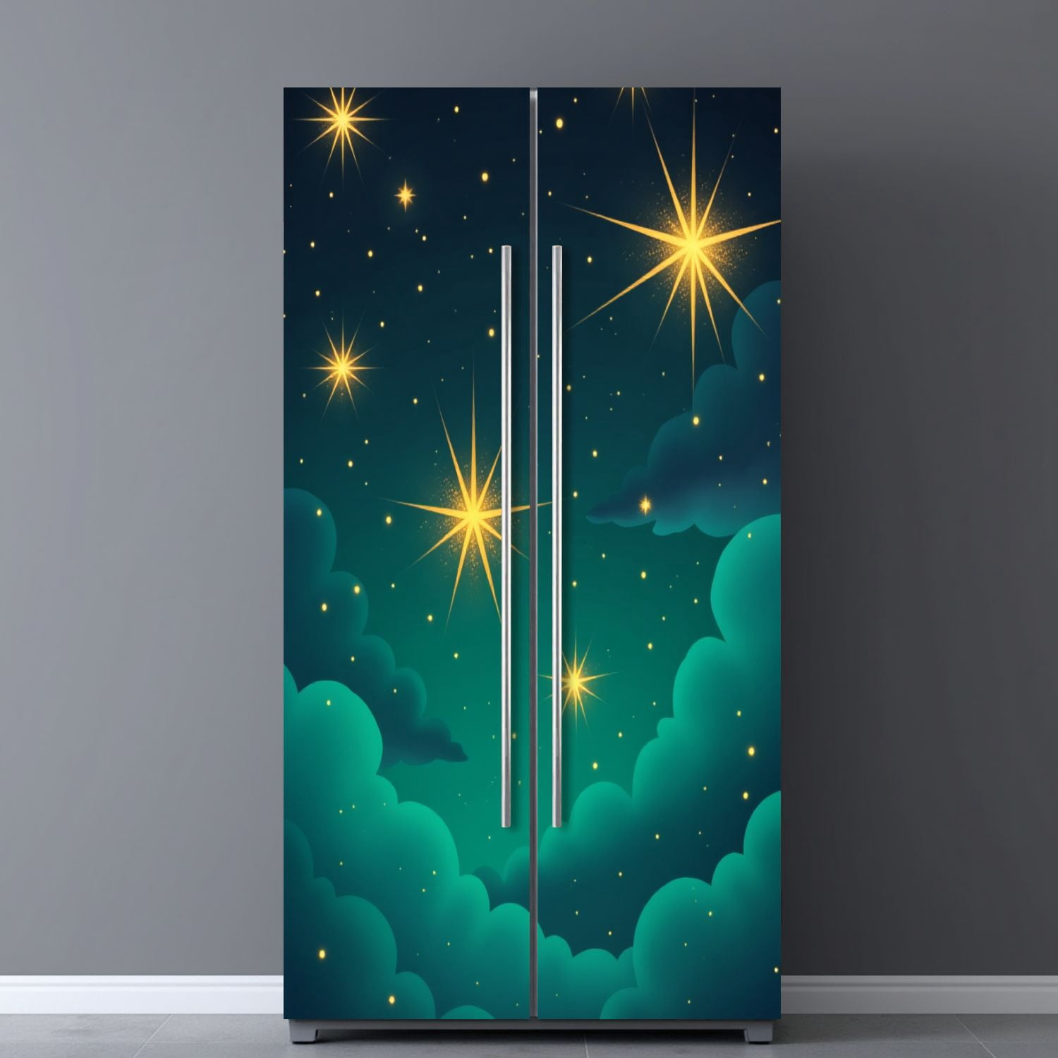 Self Adhesive Vinyl Refrigerator Wrap Set Starry Night Sky Soft Clouds Glowing Stars Door Mural Removable Fridge Sticker Peel and Stick&nbsp;Full Door Cover Decal Kitchen Bar Decor