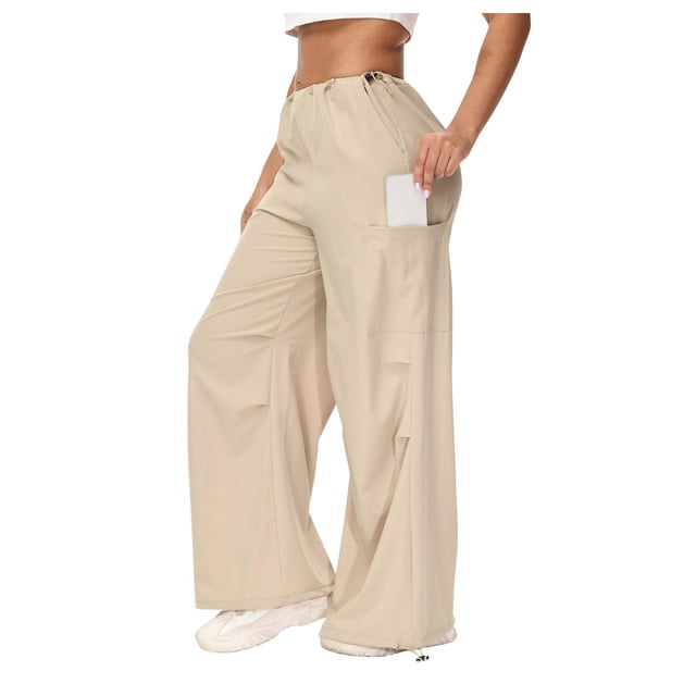 Timegard Womens Cargo Pants Elastic High Waisted Drawstring Cinch Bottom Hiking Workout Pants with Pockets