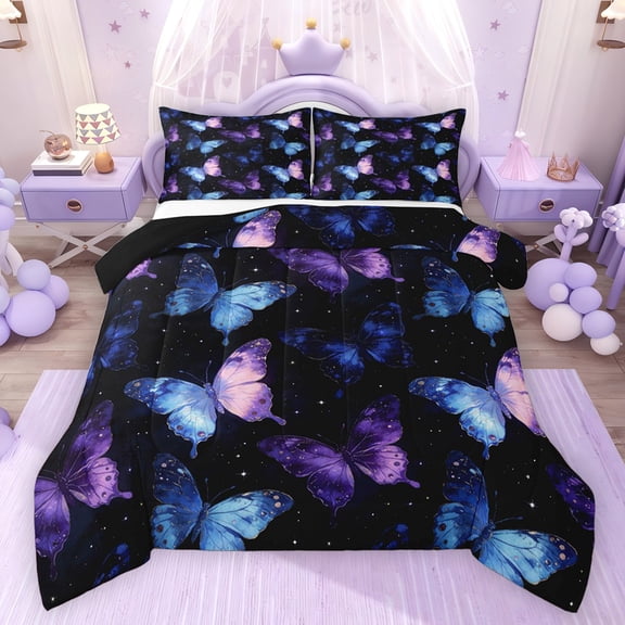 Feelyou Watercolor Butterfly Twin Comforter Sets, Bling Srars Galaxy Bedding Set, 2pcs