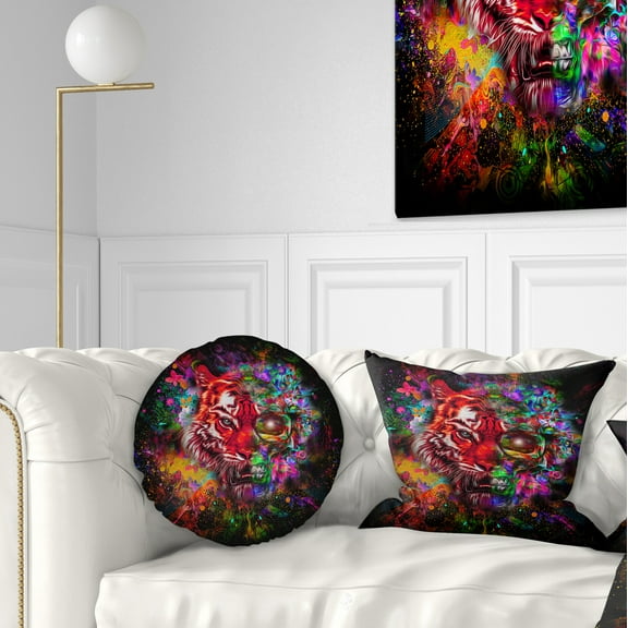 Designart Colorful Tiger Head with Half Skull - Abstract Throw Pillow - 12x20