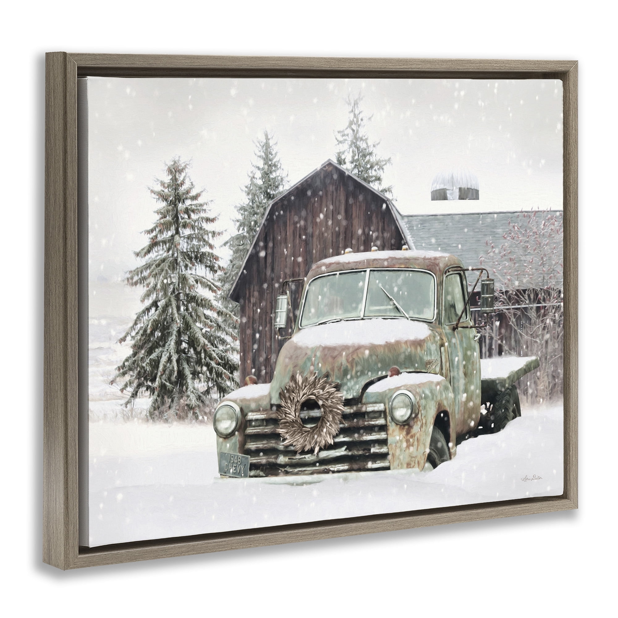 Stupell Industries Winter Rural Vintage Truck & Barn Transportation Painting Brown Floater Framed Canvas Art Print Wall Art, 31 x 25