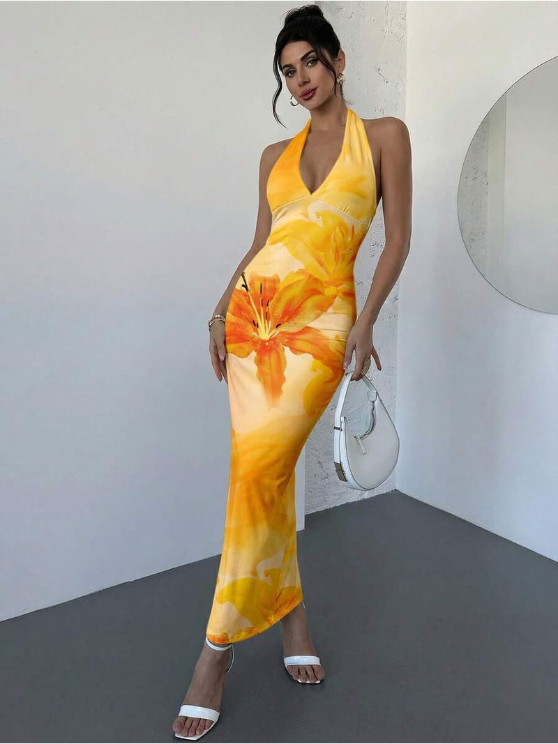 floral satin printed bodycon dress Women's Floral Print Sleeveless Slim Fit Bodycon Floor-Length Dress, Elegant Ruched Waist Slip Dress For Evening Party, Wedding Guest,