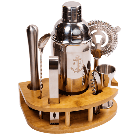 Stock Harbor 8 Piece Stainless Steel Bartender Set with Curved Bamboo Base Cocktail Bar Tool Set