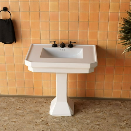 White Large Vitreous Victorian Pedestal Sink w/Widespread Black Belle Faucet Bathroom Sink Tap| Renovators Supply