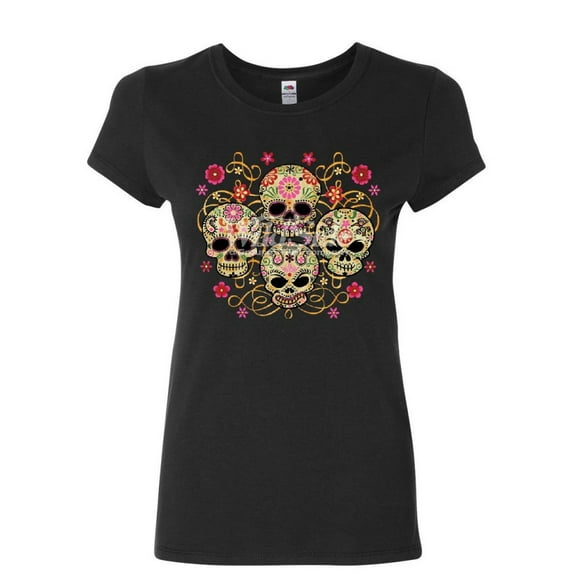 Tee Hunt 4 Cute Sugar Skulls Women's T-Shirt Calaveras Dia de los Muertos Mexico Shirt