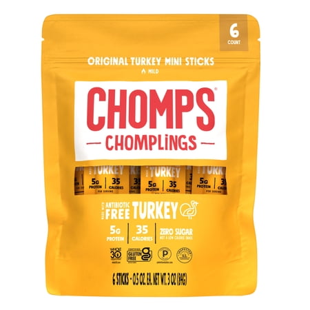 Chomplings Antibiotic Free Original Turkey Mini Jerky Sticks  5g of Protein (6 Count)  Certified Gluten Free and Free From Top 9 Allergens