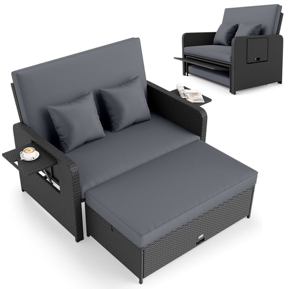 Gymax Set of 2 PE Wicker Outdoor Daybed w/4-Level Adjustable Backrest Storage Ottoman Gray