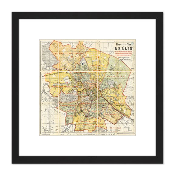Map Antique 1874 Straube Berlin City Street Plan Replica 8X8 Inch Square Wooden Framed Wall Art Print Picture with Mount