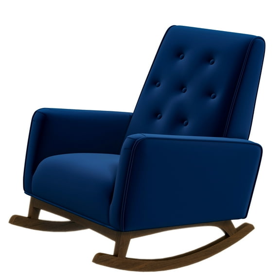 Mid-century Style Rocking Chair In Blue, Solid Fabric, 39.53 In. Depth Wood Deep, Modern Design