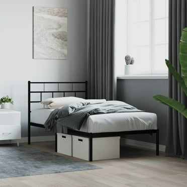 vidaXL Black Metal Twin XL Bed Frame with Headboard, Heavy-Duty, Under-Bed Storage, No Mattress