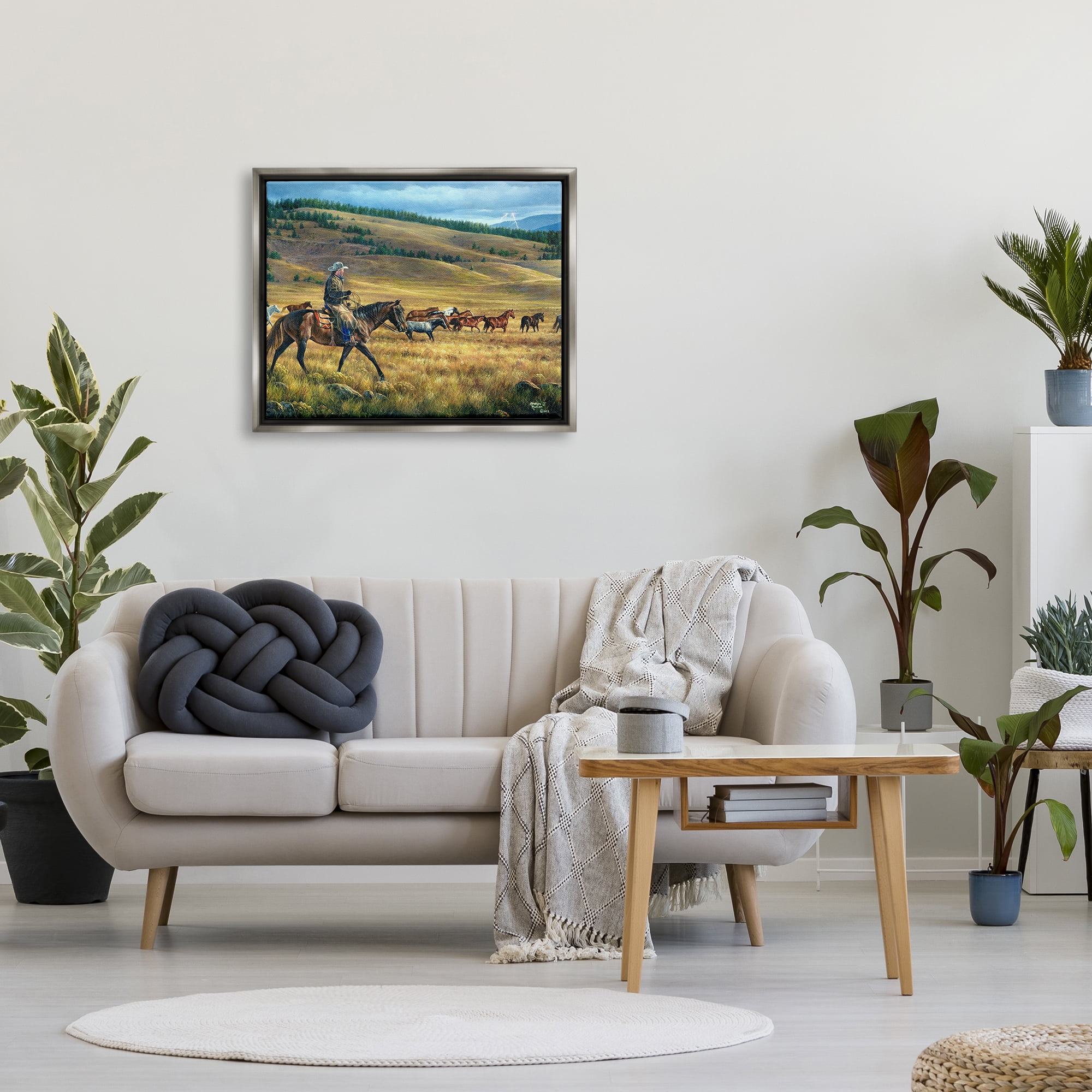 Stupell Industries Equestrian Horse Landscape Animals & Insects Painting Gray Floater Framed Canvas Art Print Wall Art, 31 x 25