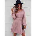 thumbnail image 3 of V Neck Swiss Dot Long Sleeve Pleated Dress Above Knee Length, 3 of 3