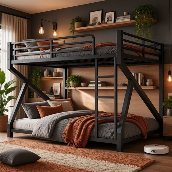Queen over Queen Metal Bunk Bed with Ladder, Upgraded Support Slats, Low Profile, Black