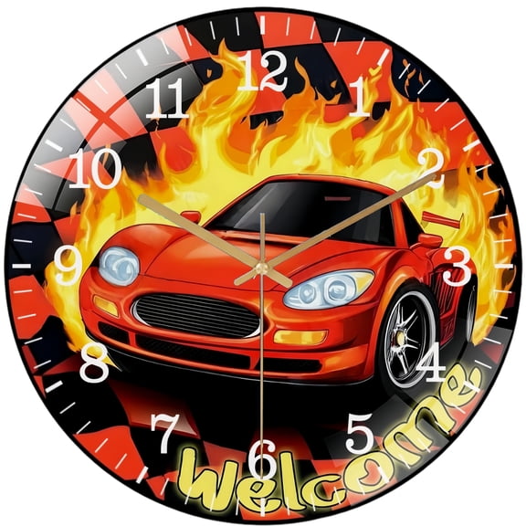 Decorative Clocks: Race Car  Glass Wall Clock,  Race Day Start Your Engines Decor Wall Clock  for Homes, Bars, Offices, Man Caves, Garages, And Living Rooms .Also Makes A Great Gift. Style 12×12inch