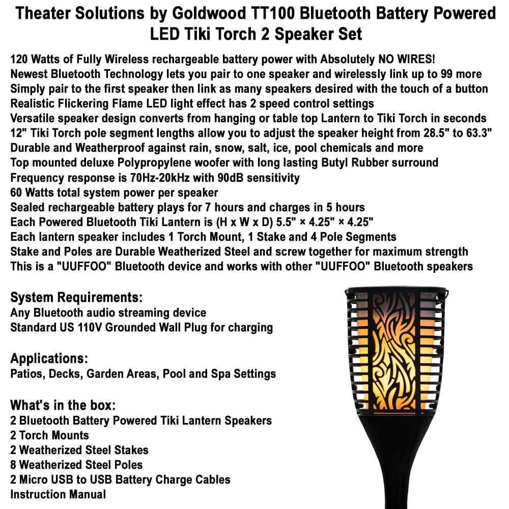 Theater Solutions TT100 Fully Wireless 120 Watt Rechargeable Battery Bluetooth Tiki Torch Speaker 2 Pack Lanterns Link Up To 99 Speakers Wirelessly