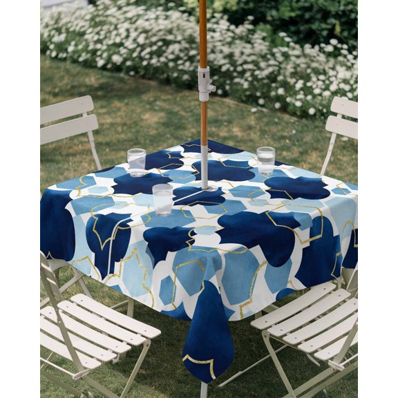 Outdoor Tablecloth with Umbrella Hole, Abstract Navy Blue Geometric Zippered Table Cloth for Rectangle Tables, Vintage Moroccan Texture Washable Waterproof Tablecloths for Picnic Patio Garden