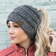 thumbnail image 2 of C.C Messy Bun Ponytail Beanie Warm Four-Tone High Bun Hat, Red Multi, 2 of 4