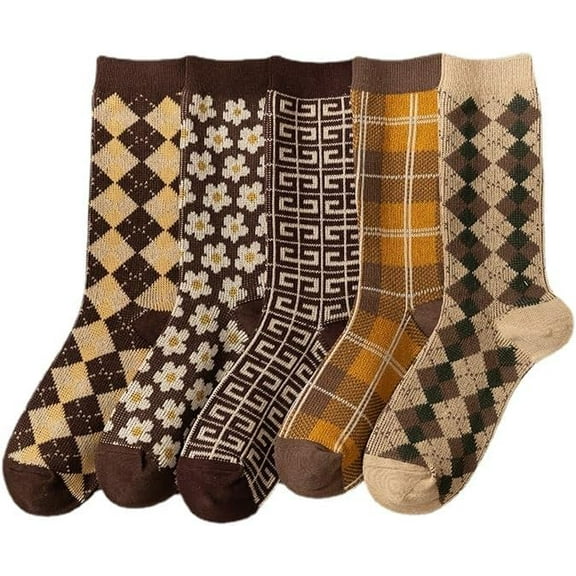 Zhengup Women's Flower Argyle Cotton Socks 5 Pairs Coquettish Preppy Ankle Socks Fairycore Crew Socks Plaid Cozy Socking