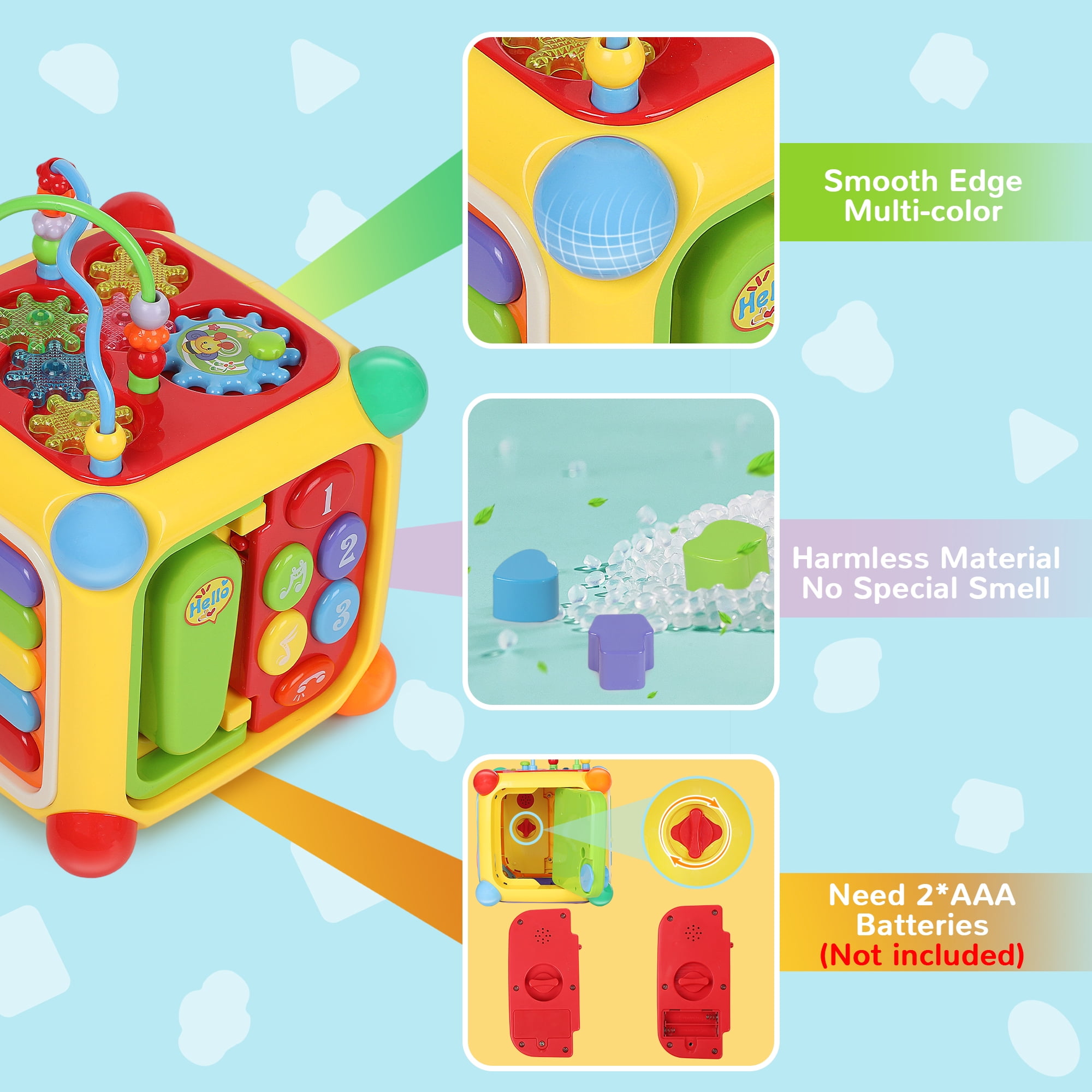 Aikidkit 6-in-1 Baby Activity Cube with Music, Montessori Learning Toys for Toddlers Kids 10-36 Months, for Birthday Christmas Baby Shower Gifts, Colorful