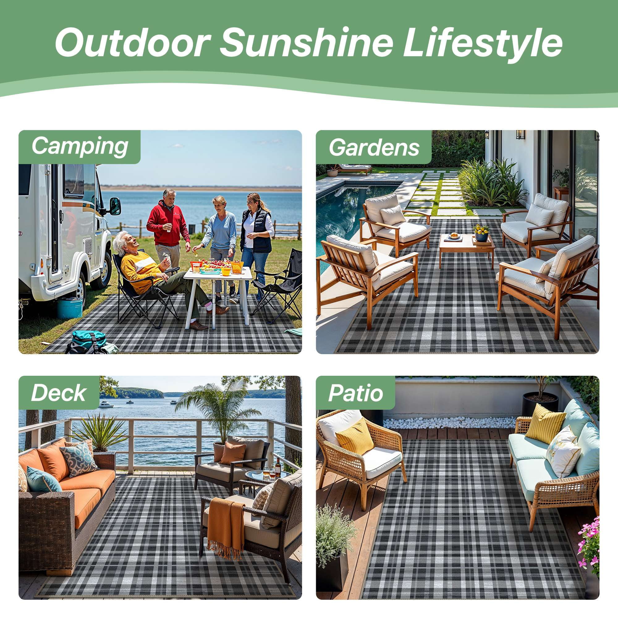 DEORAB Outdoor Rugs 9'X12' Chenille Patio Rug Three-Layer Material Imitation Silicone Spot Molding Camping Outside Rv Mat,Black