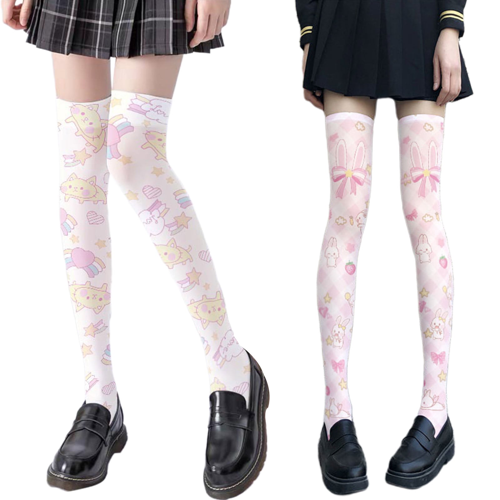Women Lolita Cartoon Rabbit for Cat Printed Thigh High Stockings Japanese Anime  Kawaii Strawberry Cosplay Over Knee Sock 