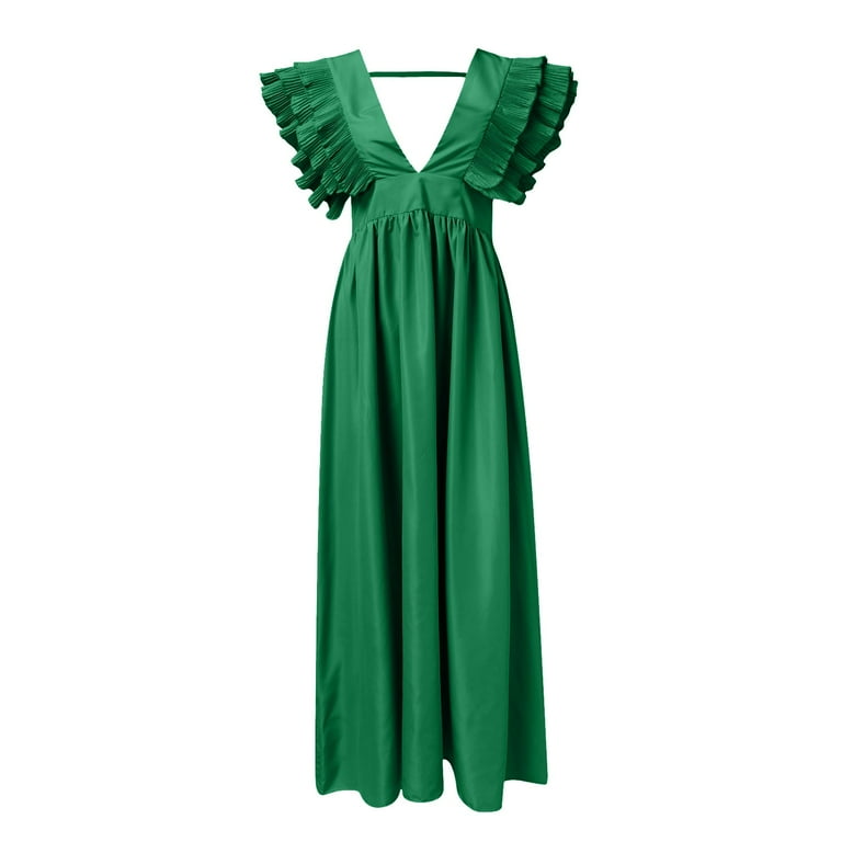 Easter Dresses Casual Solid Backless V Neck Long Dresses(Green/M)