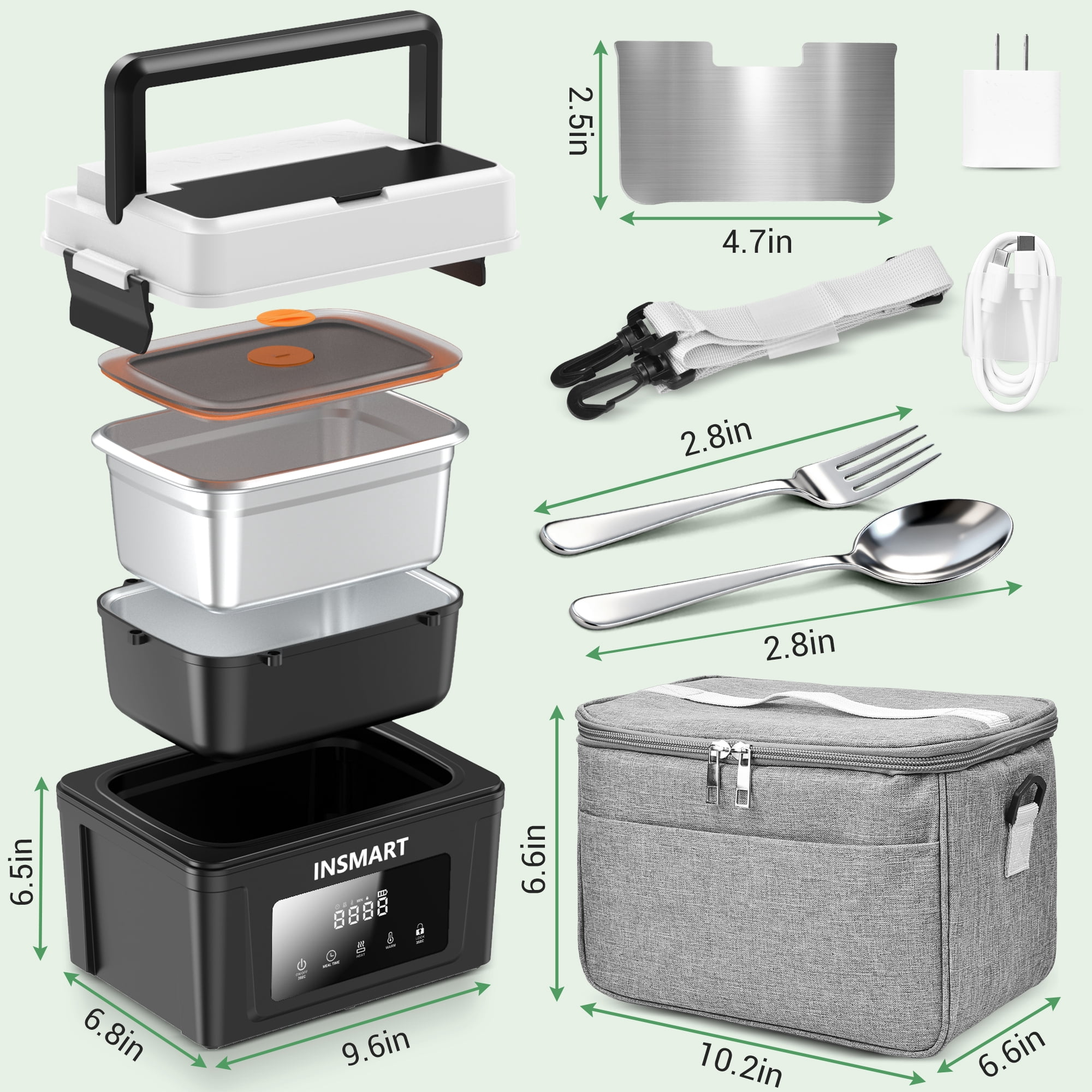 INSMART 6.3-Cup Cordless Electric Lunch Box for Adults, Heated Lunch Box for Men with Scheduled Heating, Portable Car Food Warmer with Utensils, Two-Tier Bag,Dishwasher Safe,Removable Divider（Black）