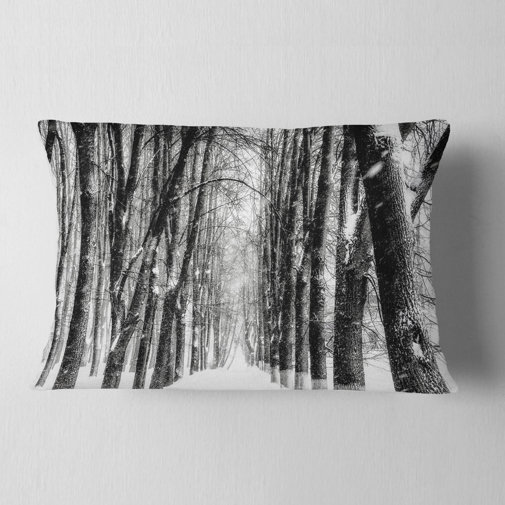 Designart Snowy Forest Black and White - Modern Forest Throw Pillow - 12x20