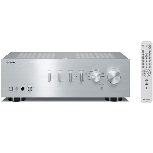 yamaha a-s301 (s) amplificador integrado 192 khz / 24 bits fuente de sonido de alta resolución corre vista frontal centrada del amplificador multicolor, chasis de aluminio cepillado con perillas para graves, agudos y balance, selector de entrada y gran mando de volumen, toma de auriculares frontal, rejilla superior de ventilación y mando a distancia; incluye entradas CD, phono (MM), óptica y coaxial y salida para subwoofer y REC.