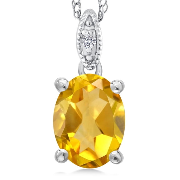 Gem Stone King Women's Oval Yellow Citrine 10K White Gold Diamond Pendant With Chain