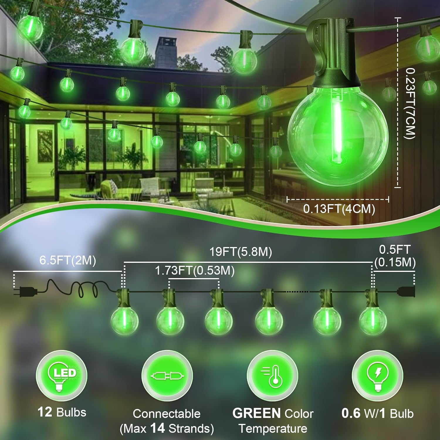 LED Outdoor String Light, 26Feet Patio Lights with 12+1 Edison Shatterproof Bulbs(1Spare), UL Waterproof Outside Lights connectable Dimmable for Backyard Porch Decor,Green