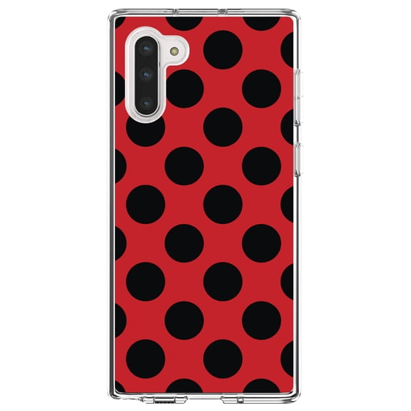 DistinctInk Clear Shockproof Hybrid Case for Samsung Galaxy Note 10 (6.3" Screen) - TPU Bumper, Acrylic Back, Tempered Glass Screen Protector - Black & Red Polka Dots